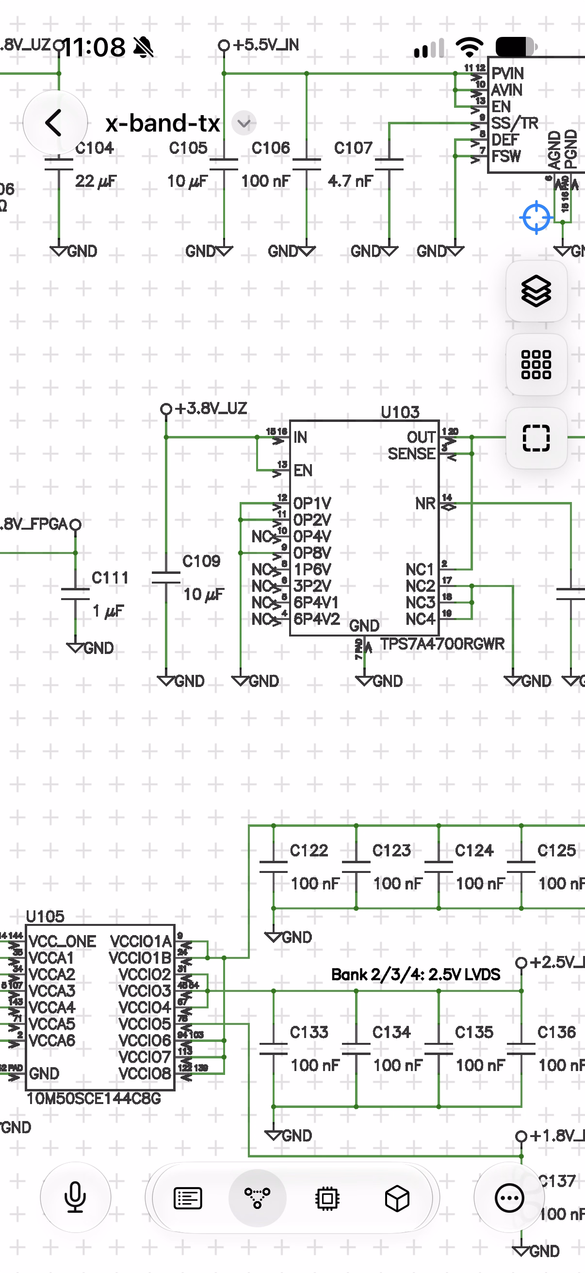 The schematic on iPhone: a sheet of a project, with the sheet list, schematic, board, and 3D view switches along the bottom