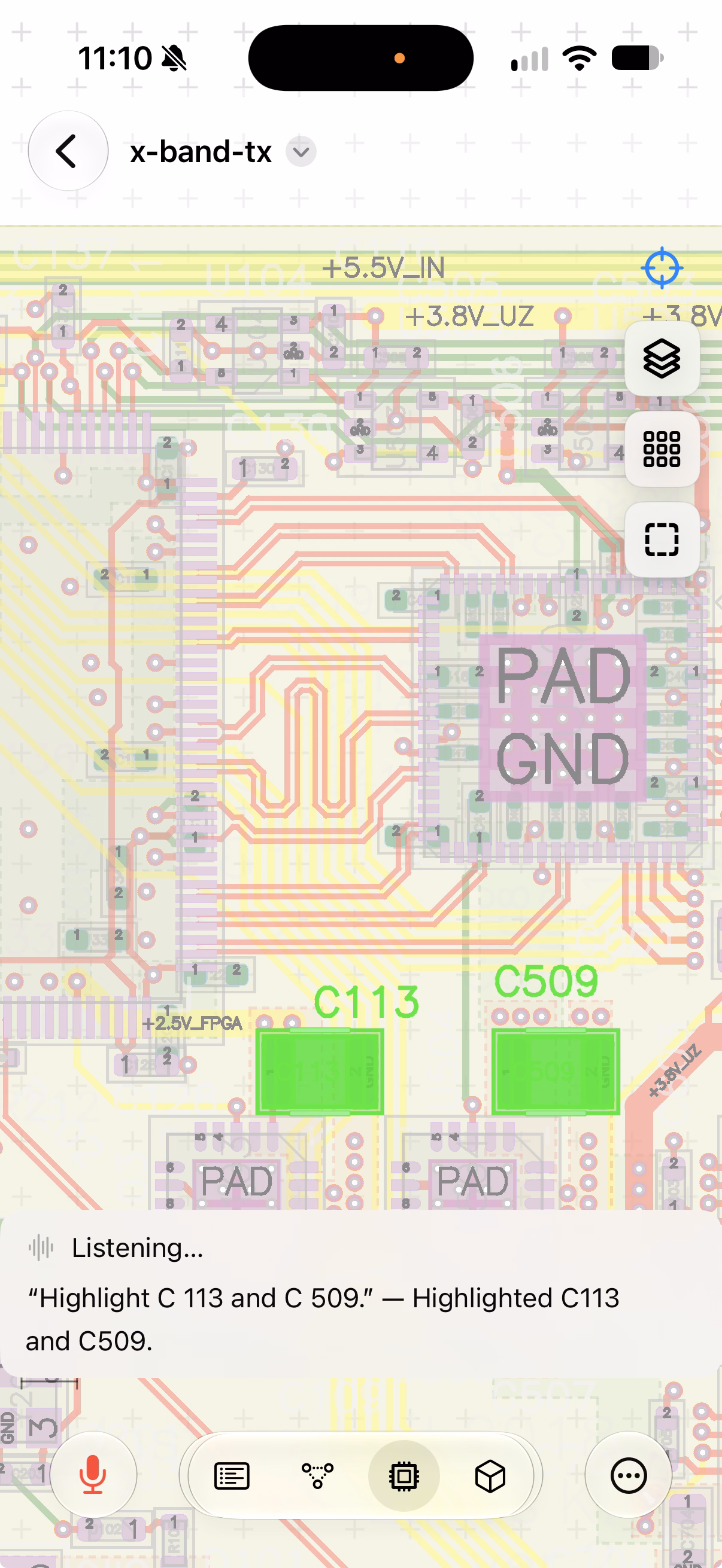 Horizontal listening on iPhone: saying highlight C 113 and C 509 has lit both capacitors on the board, with the transcript and result shown over the canvas