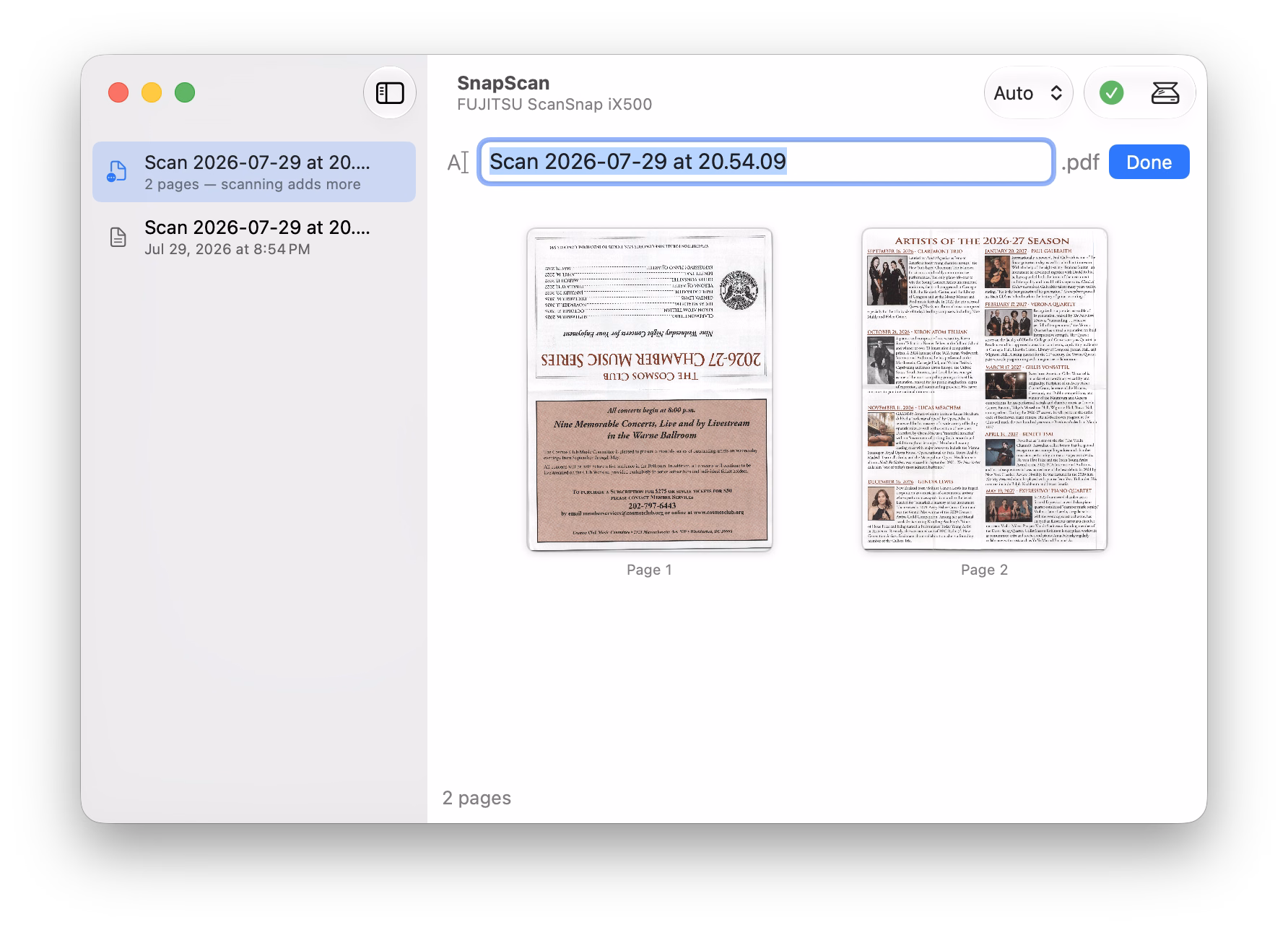 The SnapScan window with a two-page scan