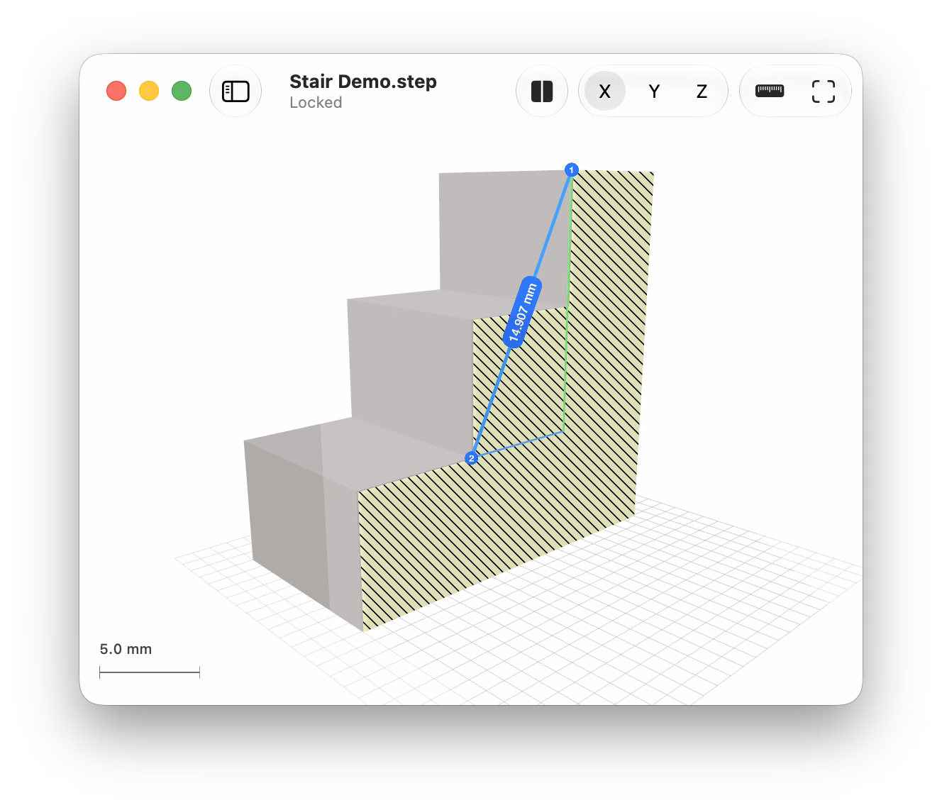 A cross section through a STEP model, its cut face hatched, with a distance measured between two corners