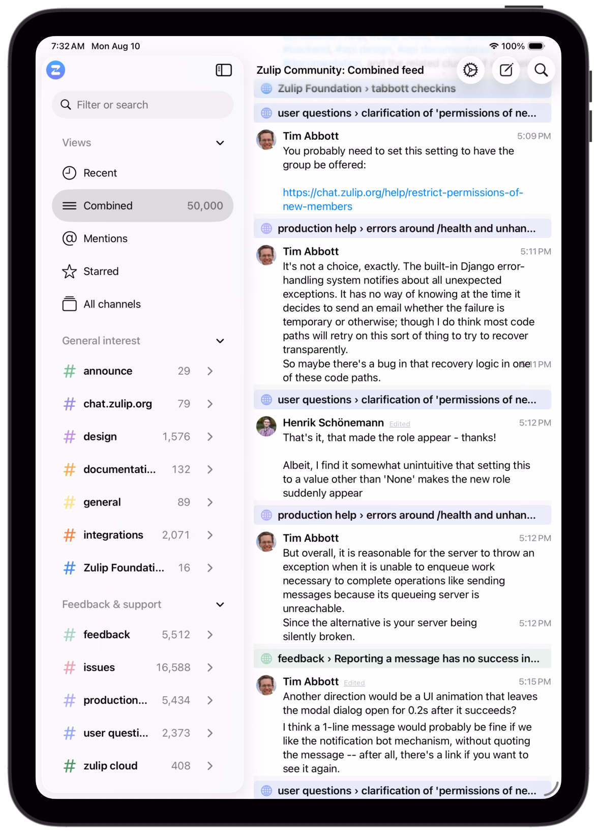 Zephyr on iPad showing the combined feed beside the channel sidebar