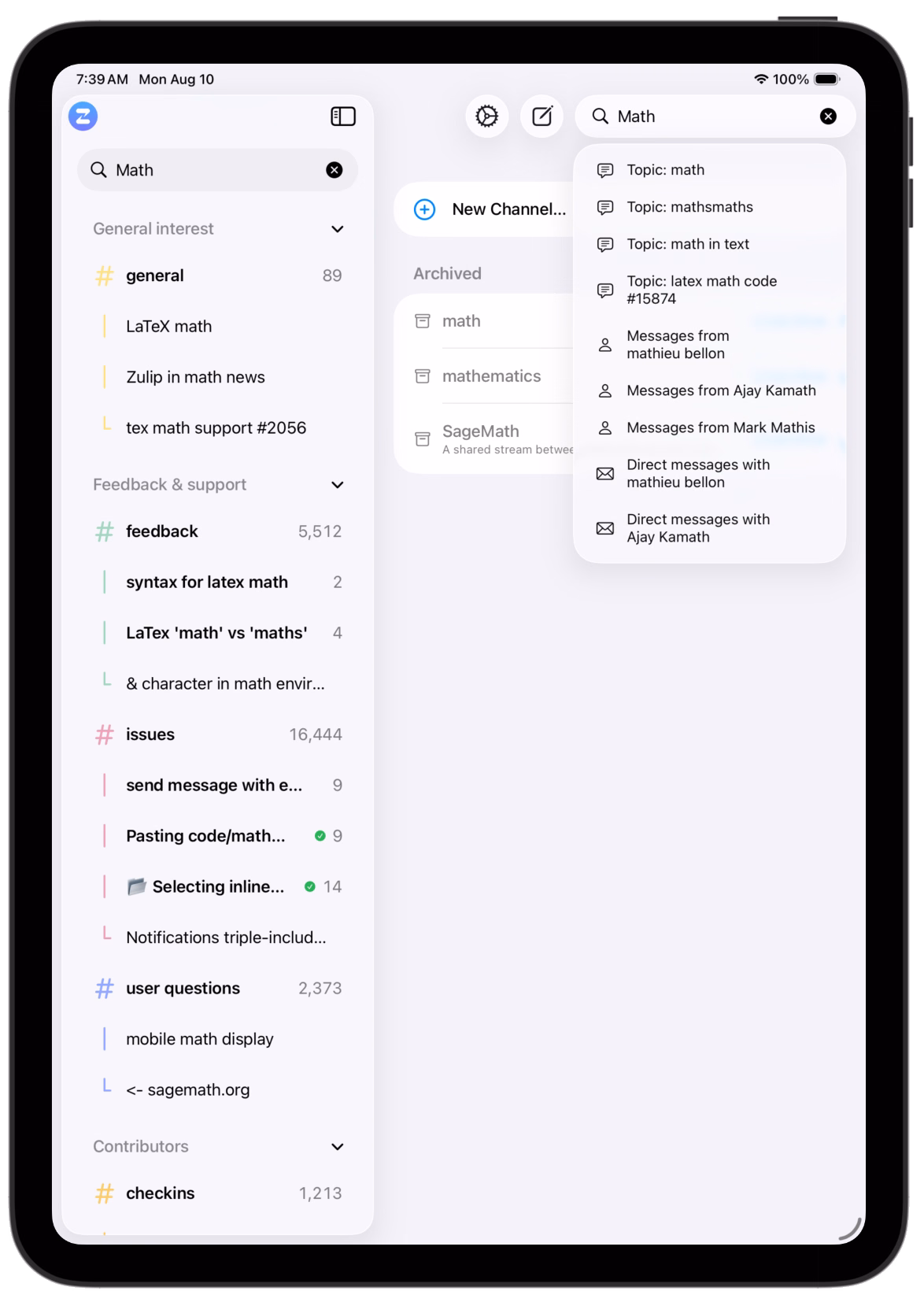 Typing in Zephyr's search field filters channels and topics live, with Zulip's search operators offered as tokens