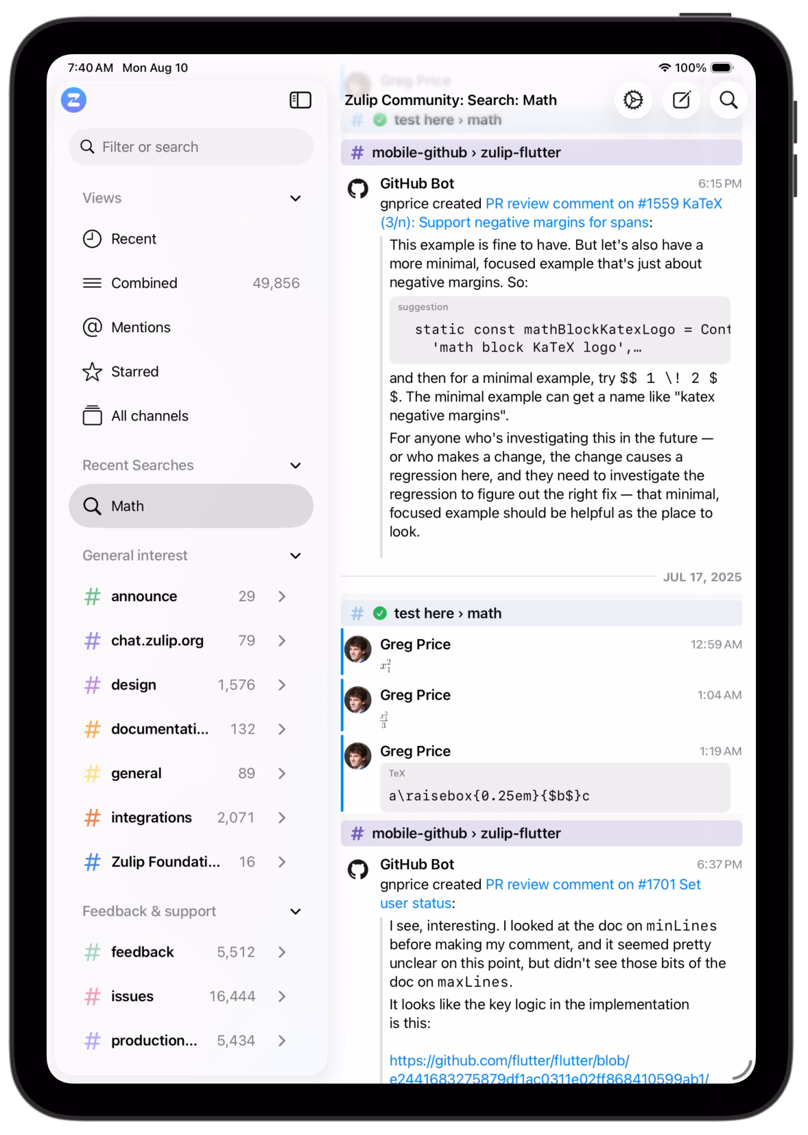 Zephyr's search results view after pressing Return, showing matching messages across history