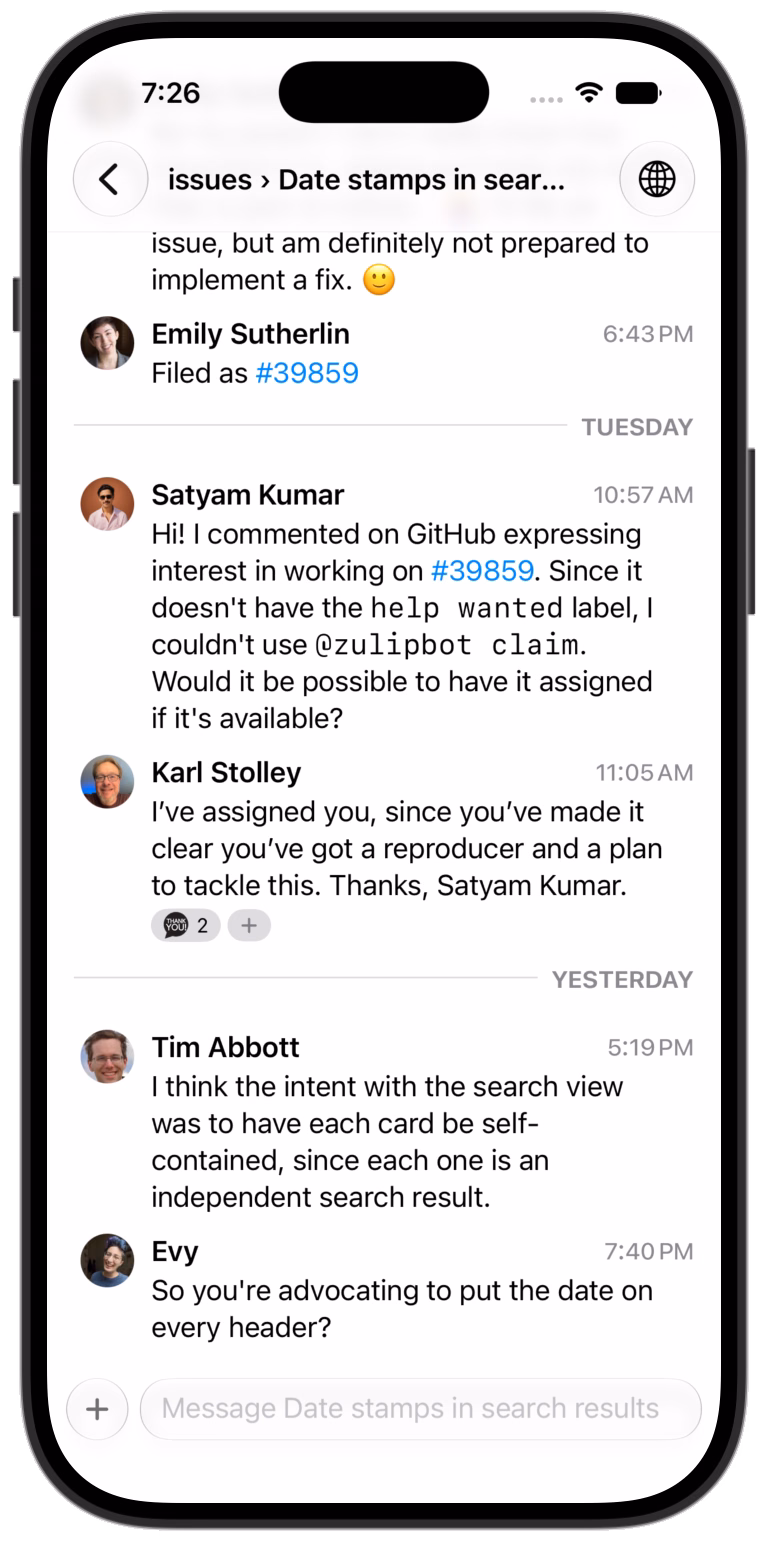 Zephyr on iPhone showing a channel conversation with the compose field