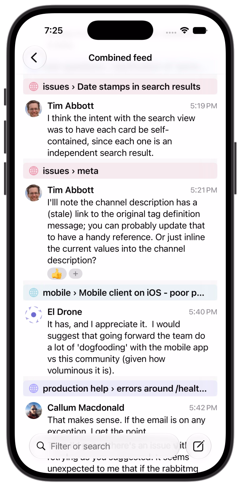 Zephyr on iPhone showing the combined feed