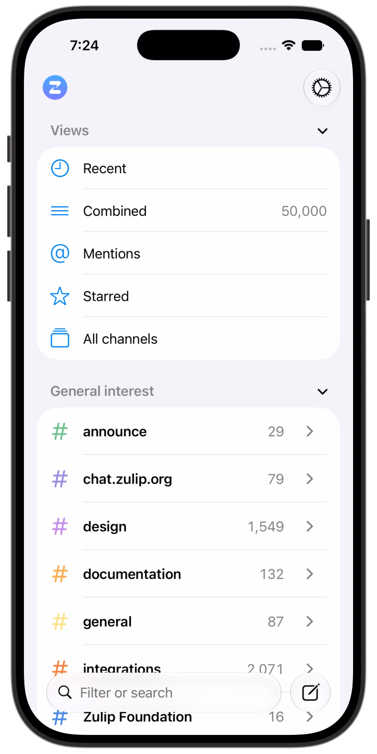 Zephyr on iPhone showing the channel list